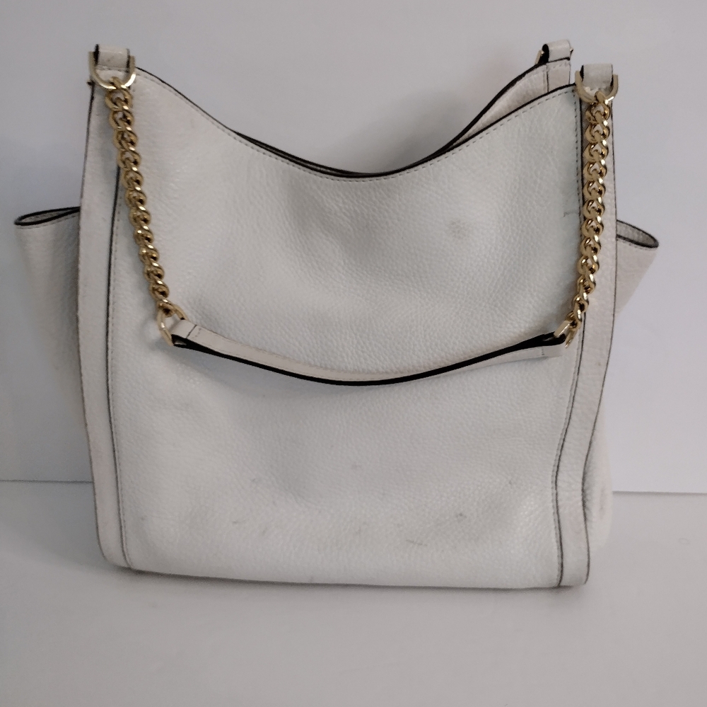 Michael Kors Newbury Leather Shoulder Bag Gold Chain Handles Off White - Picture 4 of 10